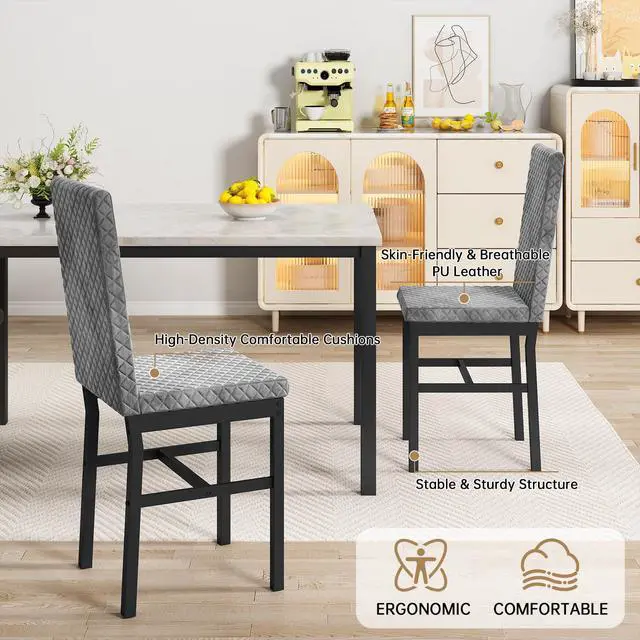 Alt view image 6 of 6 - Dining Room Table Set for 4 Faux Marble 5 Piece Dining Table with 4 Modern Upholstered Velvet Chairs for Small Space, Home Kitchen, Apartment,Grey