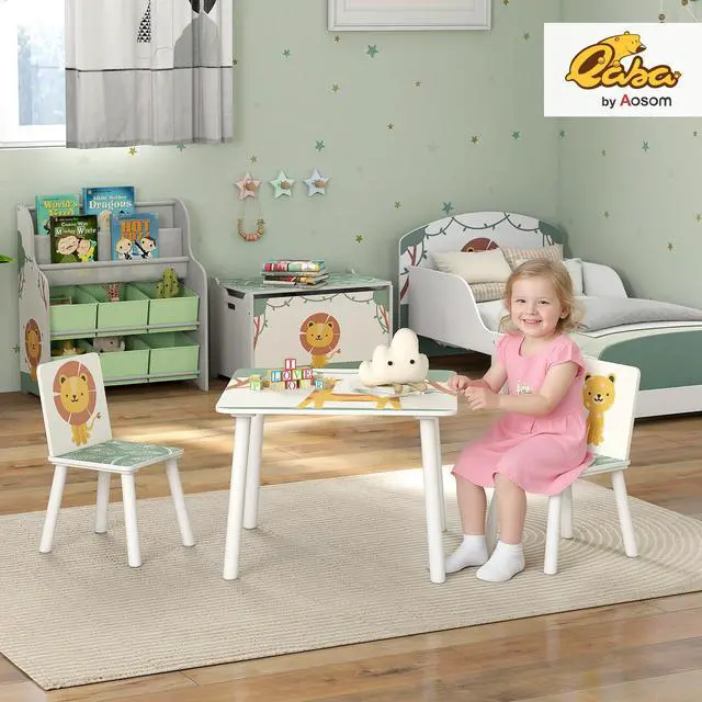 Alt view image 2 of 6 - 3-Piece Toddler Table and Chair Set, Kids Table and Chairs Set Furniture with Animal Pattern for Boys and Girls Aged 3-8, Bedroom, Nursery, Playroom, Green