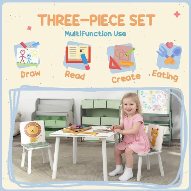 Alt view image 3 of 6 - 3-Piece Toddler Table and Chair Set, Kids Table and Chairs Set Furniture with Animal Pattern for Boys and Girls Aged 3-8, Bedroom, Nursery, Playroom, Green