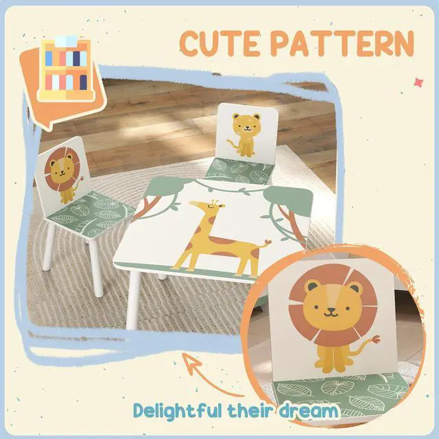 Alt view image 4 of 6 - 3-Piece Toddler Table and Chair Set, Kids Table and Chairs Set Furniture with Animal Pattern for Boys and Girls Aged 3-8, Bedroom, Nursery, Playroom, Green