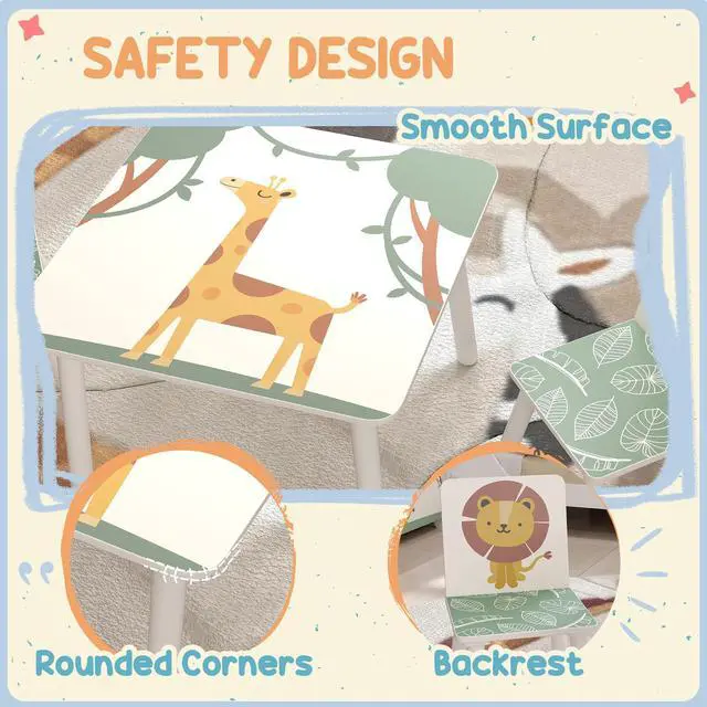 Alt view image 5 of 6 - 3-Piece Toddler Table and Chair Set, Kids Table and Chairs Set Furniture with Animal Pattern for Boys and Girls Aged 3-8, Bedroom, Nursery, Playroom, Green