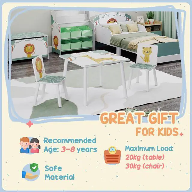 Alt view image 6 of 6 - 3-Piece Toddler Table and Chair Set, Kids Table and Chairs Set Furniture with Animal Pattern for Boys and Girls Aged 3-8, Bedroom, Nursery, Playroom, Green