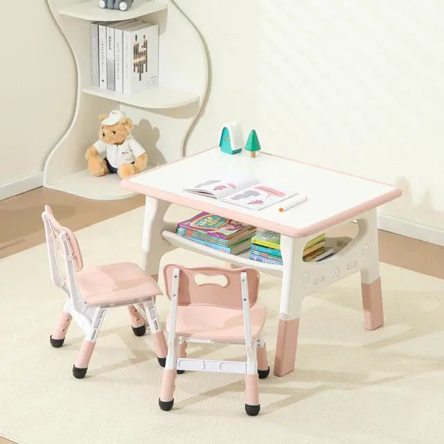 Main image of Kids Table and 2 Chairs Set, Large Built-in Storage, Adjustable Toddler Table and Chair Set, Graffiti Desktop Kids Activity Table