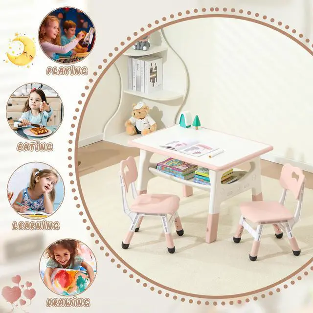 Alt view image 2 of 6 - Kids Table and 2 Chairs Set, Large Built-in Storage, Adjustable Toddler Table and Chair Set, Graffiti Desktop Kids Activity Table