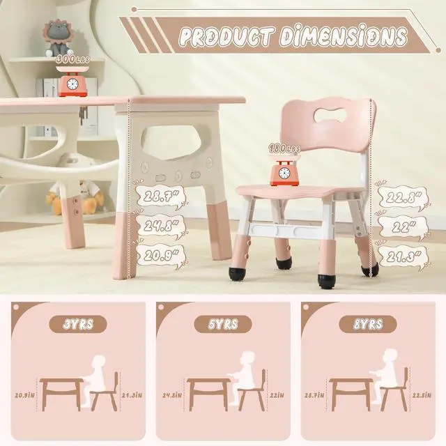 Alt view image 3 of 6 - Kids Table and 2 Chairs Set, Large Built-in Storage, Adjustable Toddler Table and Chair Set, Graffiti Desktop Kids Activity Table
