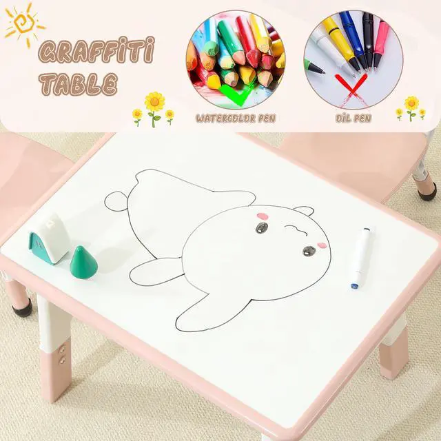Alt view image 4 of 6 - Kids Table and 2 Chairs Set, Large Built-in Storage, Adjustable Toddler Table and Chair Set, Graffiti Desktop Kids Activity Table