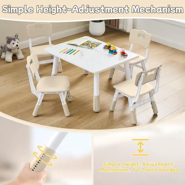 Alt view image 3 of 6 - Toddler Table and Chair Set for Ages 3-8, Adjustable Kids Table and Chairs for Reading,Drawing, Eating, Children Activity Table with Graffiti Tabletop for Daycare/Classroom/Home/Preschool