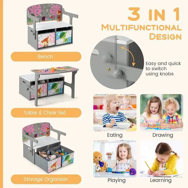 Alt view image 2 of 6 - Kids Table and Chair Set, Convertible Toy Storage Bench with 2 Removable Fabric Bins for Kindergarten, Preschool, Kids Room, Playroom, Wood Reading Nook for Toddler Boys Girls Ages 3+ (Grey)