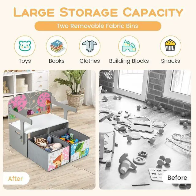 Alt view image 3 of 6 - Kids Table and Chair Set, Convertible Toy Storage Bench with 2 Removable Fabric Bins for Kindergarten, Preschool, Kids Room, Playroom, Wood Reading Nook for Toddler Boys Girls Ages 3+ (Grey)