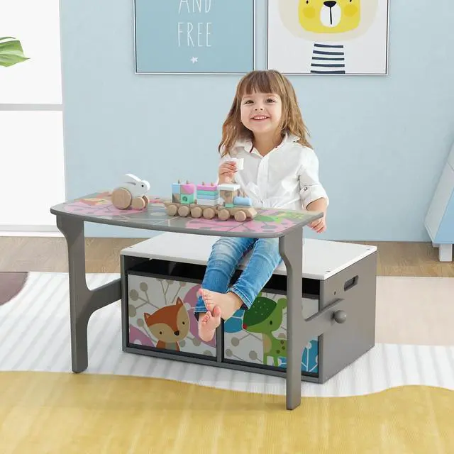 Alt view image 5 of 6 - Kids Table and Chair Set, Convertible Toy Storage Bench with 2 Removable Fabric Bins for Kindergarten, Preschool, Kids Room, Playroom, Wood Reading Nook for Toddler Boys Girls Ages 3+ (Grey)
