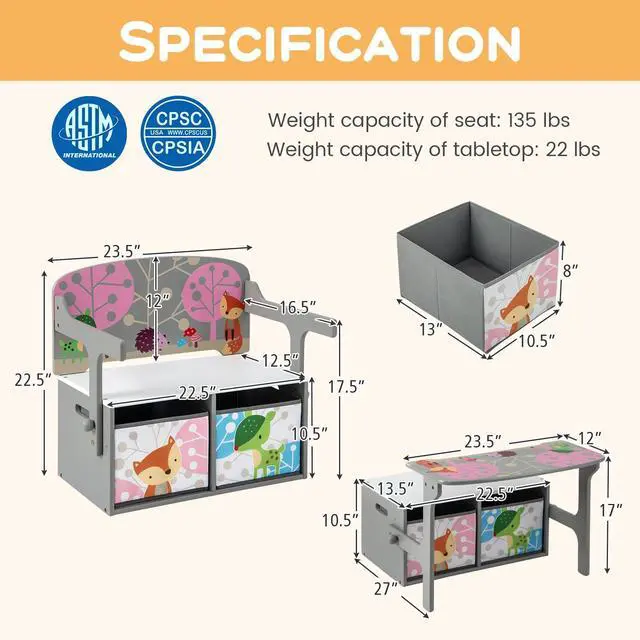 Alt view image 6 of 6 - Kids Table and Chair Set, Convertible Toy Storage Bench with 2 Removable Fabric Bins for Kindergarten, Preschool, Kids Room, Playroom, Wood Reading Nook for Toddler Boys Girls Ages 3+ (Grey)