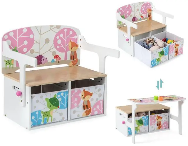 Main image of Kids Table and Chair Set, Convertible Toy Storage Bench with 2 Removable Fabric Bins for Kindergarten, Preschool, Kids Room, Playroom, Wood Reading Nook for Kids Boys Girls Ages 3+ (White)