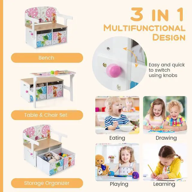 Alt view image 2 of 6 - Kids Table and Chair Set, Convertible Toy Storage Bench with 2 Removable Fabric Bins for Kindergarten, Preschool, Kids Room, Playroom, Wood Reading Nook for Kids Boys Girls Ages 3+ (White)