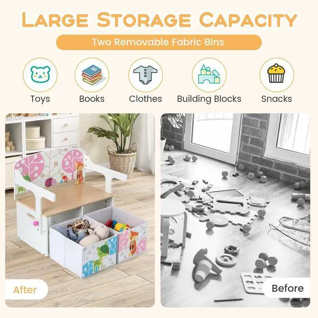 Alt view image 3 of 6 - Kids Table and Chair Set, Convertible Toy Storage Bench with 2 Removable Fabric Bins for Kindergarten, Preschool, Kids Room, Playroom, Wood Reading Nook for Kids Boys Girls Ages 3+ (White)