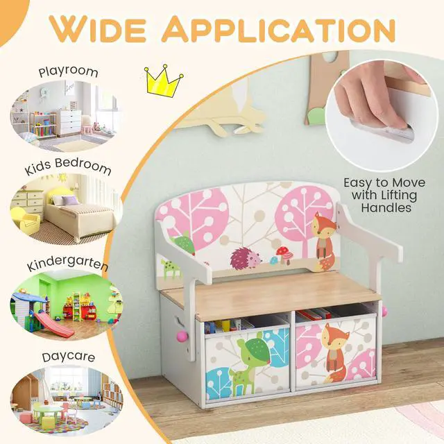 Alt view image 5 of 6 - Kids Table and Chair Set, Convertible Toy Storage Bench with 2 Removable Fabric Bins for Kindergarten, Preschool, Kids Room, Playroom, Wood Reading Nook for Kids Boys Girls Ages 3+ (White)