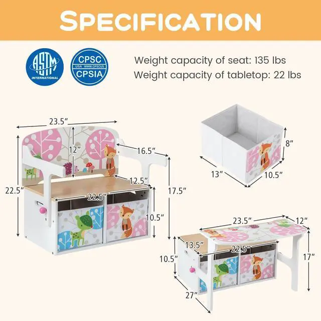 Alt view image 6 of 6 - Kids Table and Chair Set, Convertible Toy Storage Bench with 2 Removable Fabric Bins for Kindergarten, Preschool, Kids Room, Playroom, Wood Reading Nook for Kids Boys Girls Ages 3+ (White)