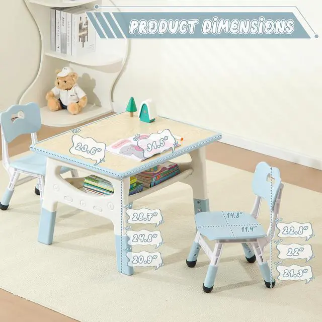 Alt view image 2 of 6 - Kids Table and 2 Chairs Set, Large Built-in Storage, Adjustable Toddler Table and Chair Set, Graffiti Desktop Kids Activity Table