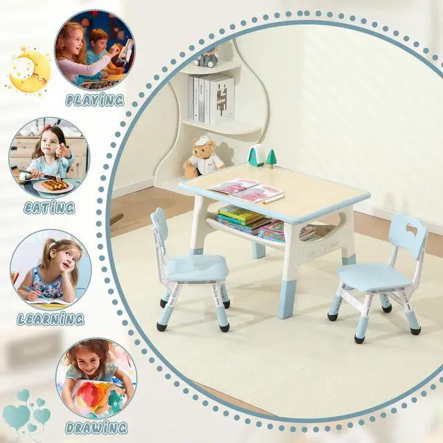Alt view image 3 of 6 - Kids Table and 2 Chairs Set, Large Built-in Storage, Adjustable Toddler Table and Chair Set, Graffiti Desktop Kids Activity Table