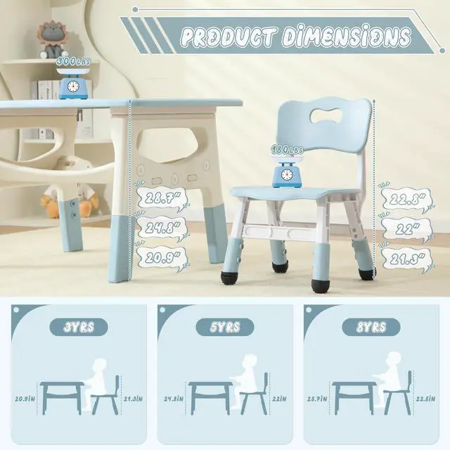 Alt view image 4 of 6 - Kids Table and 2 Chairs Set, Large Built-in Storage, Adjustable Toddler Table and Chair Set, Graffiti Desktop Kids Activity Table