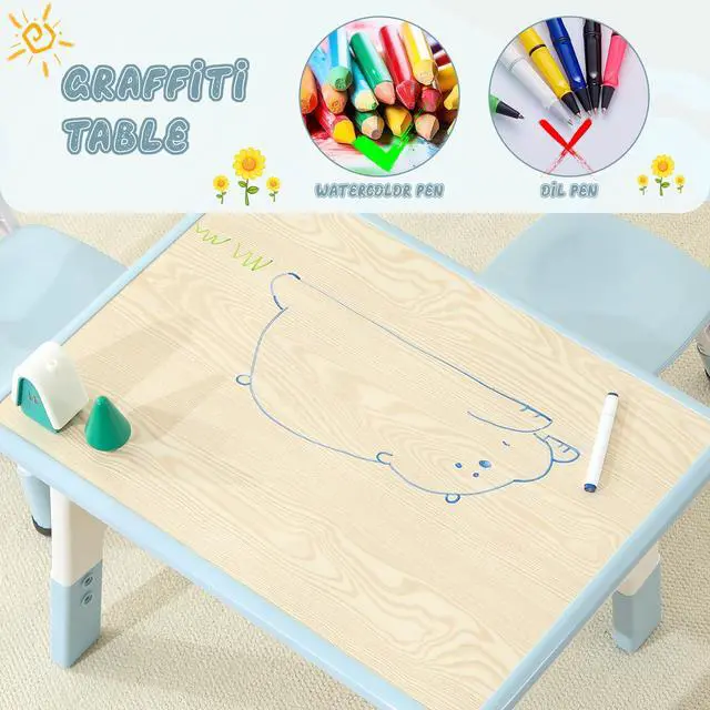 Alt view image 5 of 6 - Kids Table and 2 Chairs Set, Large Built-in Storage, Adjustable Toddler Table and Chair Set, Graffiti Desktop Kids Activity Table