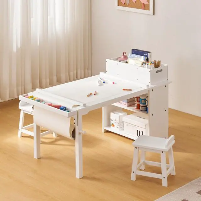 Alt view image 2 of 6 - Kids Art Table and Chair Set with Paper Roll Holder, Toddler Craft Table with Storage Shelves, Side Supply Tray, Removable Organizer Caddy and 2 Stools, Drawing Activity Desk for Ages 2-12