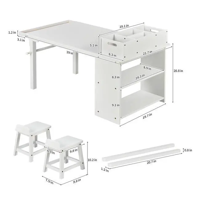 Alt view image 3 of 6 - Kids Art Table and Chair Set with Paper Roll Holder, Toddler Craft Table with Storage Shelves, Side Supply Tray, Removable Organizer Caddy and 2 Stools, Drawing Activity Desk for Ages 2-12
