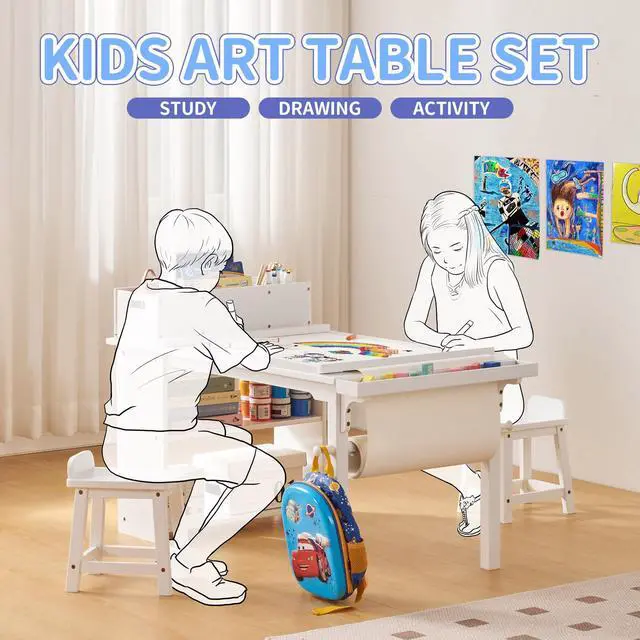 Alt view image 4 of 6 - Kids Art Table and Chair Set with Paper Roll Holder, Toddler Craft Table with Storage Shelves, Side Supply Tray, Removable Organizer Caddy and 2 Stools, Drawing Activity Desk for Ages 2-12