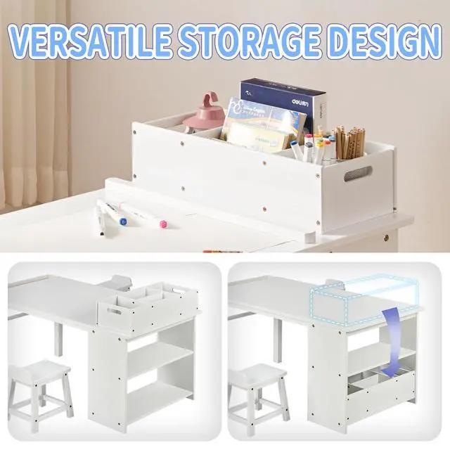 Alt view image 5 of 6 - Kids Art Table and Chair Set with Paper Roll Holder, Toddler Craft Table with Storage Shelves, Side Supply Tray, Removable Organizer Caddy and 2 Stools, Drawing Activity Desk for Ages 2-12