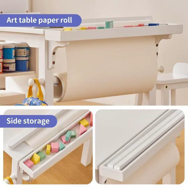 Alt view image 6 of 6 - Kids Art Table and Chair Set with Paper Roll Holder, Toddler Craft Table with Storage Shelves, Side Supply Tray, Removable Organizer Caddy and 2 Stools, Drawing Activity Desk for Ages 2-12