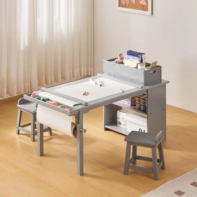 Alt view image 2 of 6 - Kids Art Table and Chair Set with Paper Roll Holder, Toddler Craft Table with Storage Shelves, Side Supply Tray, Removable Organizer Caddy and 2 Stools, Drawing Activity Desk for Ages 2-12