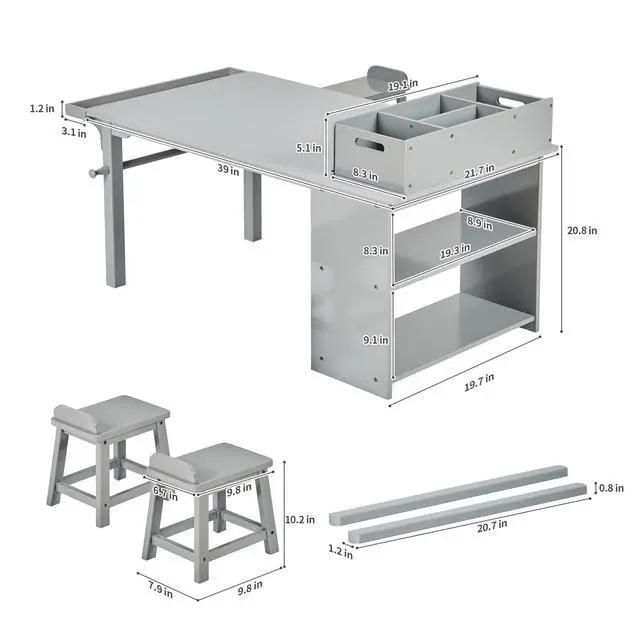 Alt view image 3 of 6 - Kids Art Table and Chair Set with Paper Roll Holder, Toddler Craft Table with Storage Shelves, Side Supply Tray, Removable Organizer Caddy and 2 Stools, Drawing Activity Desk for Ages 2-12