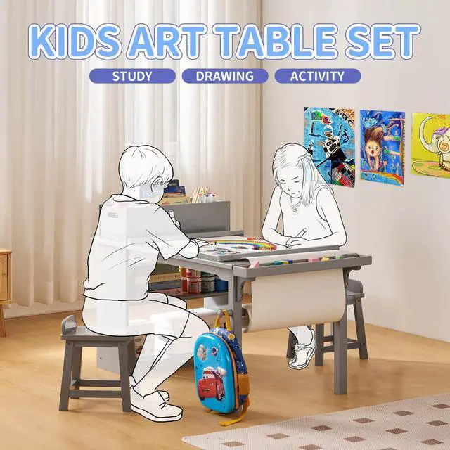 Alt view image 4 of 6 - Kids Art Table and Chair Set with Paper Roll Holder, Toddler Craft Table with Storage Shelves, Side Supply Tray, Removable Organizer Caddy and 2 Stools, Drawing Activity Desk for Ages 2-12