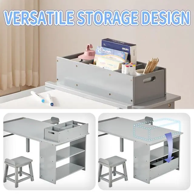 Alt view image 5 of 6 - Kids Art Table and Chair Set with Paper Roll Holder, Toddler Craft Table with Storage Shelves, Side Supply Tray, Removable Organizer Caddy and 2 Stools, Drawing Activity Desk for Ages 2-12