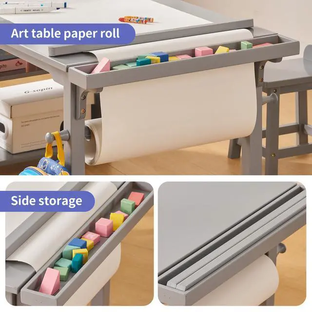 Alt view image 6 of 6 - Kids Art Table and Chair Set with Paper Roll Holder, Toddler Craft Table with Storage Shelves, Side Supply Tray, Removable Organizer Caddy and 2 Stools, Drawing Activity Desk for Ages 2-12