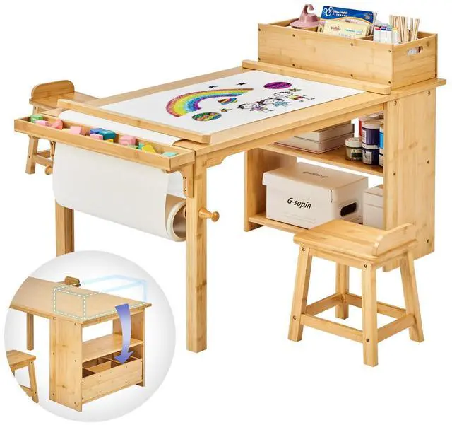 Main image of Kids Art Table and Chair Set with Paper Roll Holder, Toddler Craft Table with Storage Shelves, Side Supply Tray, Removable Organizer Caddy and 2 Stools, Drawing Activity Desk for Ages 2-12