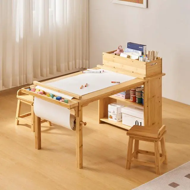 Alt view image 2 of 6 - Kids Art Table and Chair Set with Paper Roll Holder, Toddler Craft Table with Storage Shelves, Side Supply Tray, Removable Organizer Caddy and 2 Stools, Drawing Activity Desk for Ages 2-12