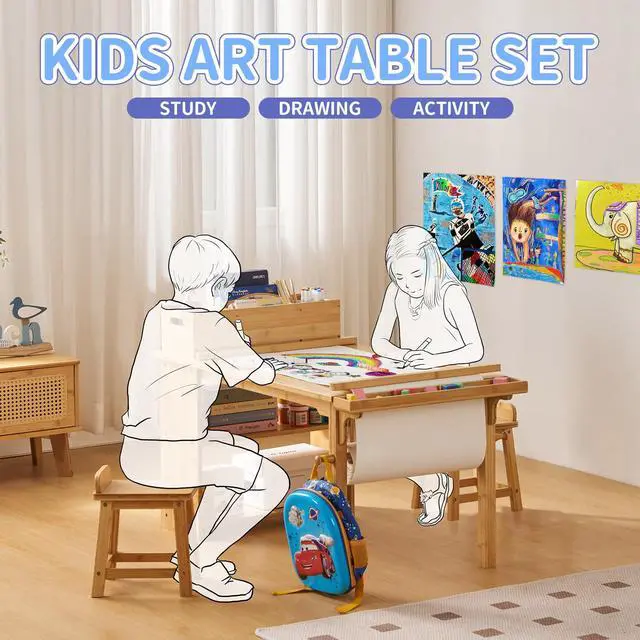 Alt view image 4 of 6 - Kids Art Table and Chair Set with Paper Roll Holder, Toddler Craft Table with Storage Shelves, Side Supply Tray, Removable Organizer Caddy and 2 Stools, Drawing Activity Desk for Ages 2-12