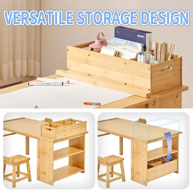 Alt view image 5 of 6 - Kids Art Table and Chair Set with Paper Roll Holder, Toddler Craft Table with Storage Shelves, Side Supply Tray, Removable Organizer Caddy and 2 Stools, Drawing Activity Desk for Ages 2-12