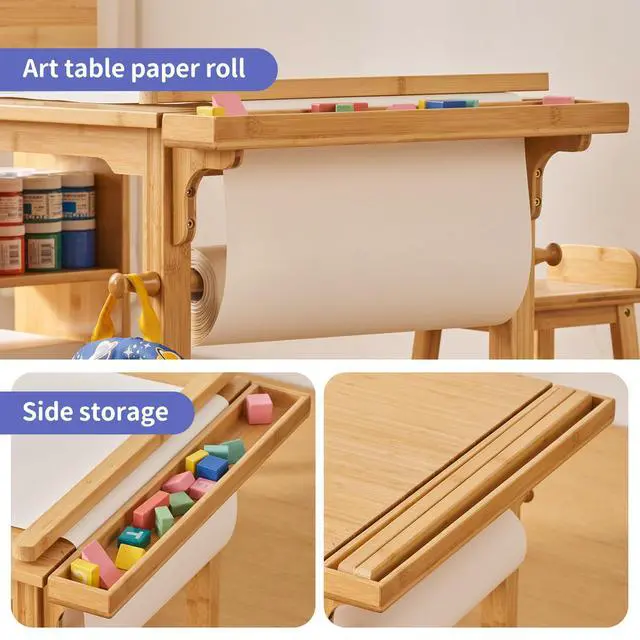 Alt view image 6 of 6 - Kids Art Table and Chair Set with Paper Roll Holder, Toddler Craft Table with Storage Shelves, Side Supply Tray, Removable Organizer Caddy and 2 Stools, Drawing Activity Desk for Ages 2-12