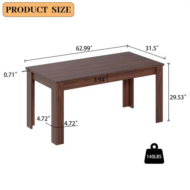 Alt view image 4 of 4 - 62.9" Wooden Dining Table, Modern Kitchen Table for 4-6 Person, Thickened MDF Dining Room Table for Dining Room, Kitchen, Living Room, Office