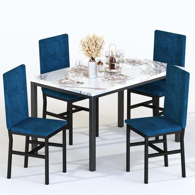 Main image of Dining Table Set for 4, Modern Faux Marble Dining Table Set with 4 Upholstered Velvet Chairs,Dining Room Table Set for Kitchen, Breakfast Nook, Dining Room, White and Blue