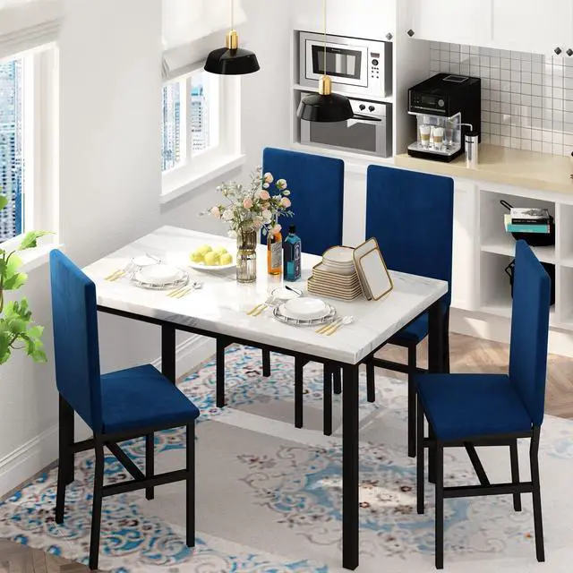 Alt view image 2 of 6 - Dining Table Set for 4, Modern Faux Marble Dining Table Set with 4 Upholstered Velvet Chairs,Dining Room Table Set for Kitchen, Breakfast Nook, Dining Room, White and Blue