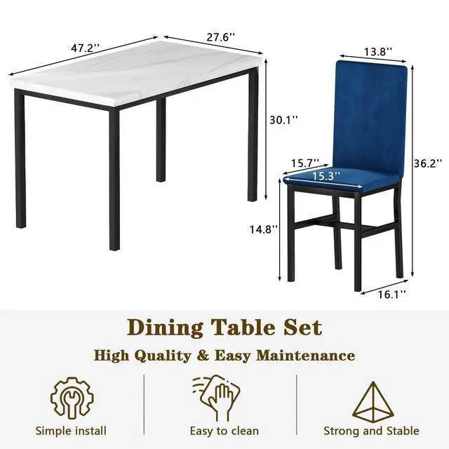 Alt view image 3 of 6 - Dining Table Set for 4, Modern Faux Marble Dining Table Set with 4 Upholstered Velvet Chairs,Dining Room Table Set for Kitchen, Breakfast Nook, Dining Room, White and Blue