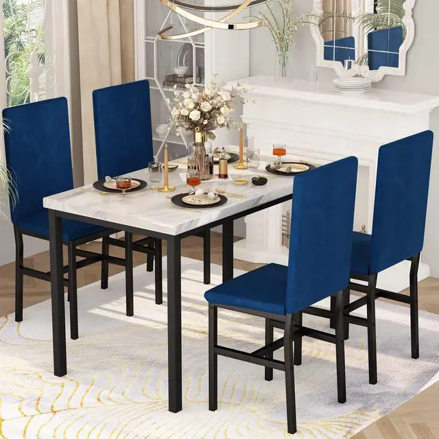 Alt view image 4 of 6 - Dining Table Set for 4, Modern Faux Marble Dining Table Set with 4 Upholstered Velvet Chairs,Dining Room Table Set for Kitchen, Breakfast Nook, Dining Room, White and Blue