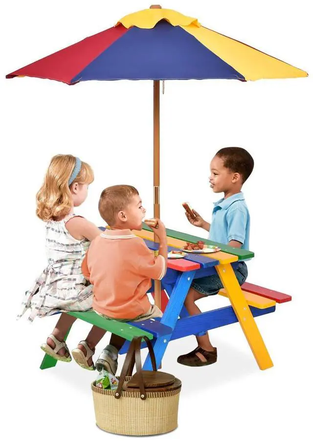 Main image of Kids Picnic Table, Toddler Wooden Outdoor Table and Bench Set with Foldable & Removable Umbrella, Kids Picnic Tables for Outdoors Backyard, Gift for Boys Girls(Colorful)