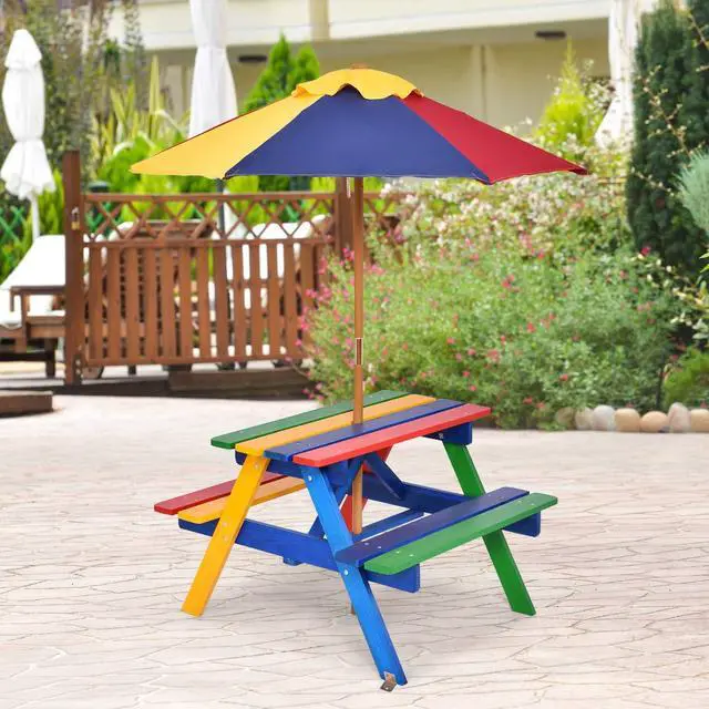 Alt view image 2 of 6 - Kids Picnic Table, Toddler Wooden Outdoor Table and Bench Set with Foldable & Removable Umbrella, Kids Picnic Tables for Outdoors Backyard, Gift for Boys Girls(Colorful)
