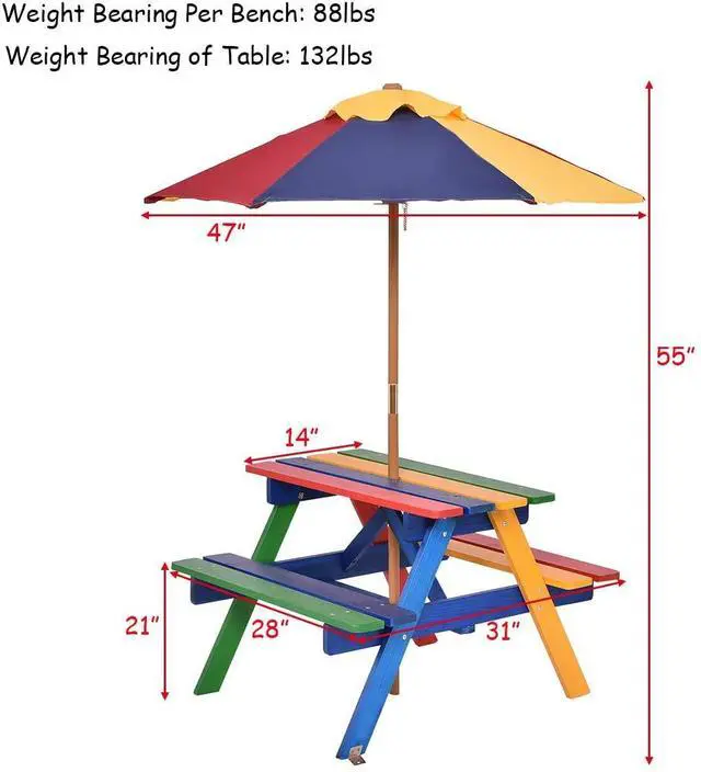 Alt view image 3 of 6 - Kids Picnic Table, Toddler Wooden Outdoor Table and Bench Set with Foldable & Removable Umbrella, Kids Picnic Tables for Outdoors Backyard, Gift for Boys Girls(Colorful)