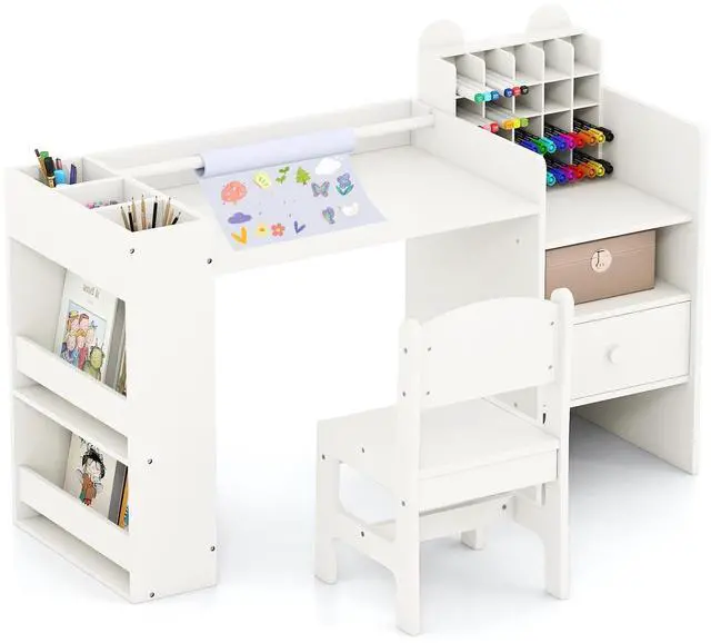 Main image of Kids Desk and Chair Set, Art Activity Desk Set with Detachable Paper Roll Holder, Cubby Cabinet, and Multiple Storage Space, 2-in-1 Toddler Table and Chair for Painting, Studying (White)