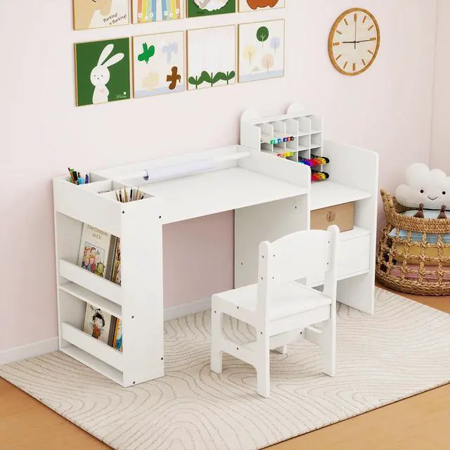 Alt view image 2 of 6 - Kids Desk and Chair Set, Art Activity Desk Set with Detachable Paper Roll Holder, Cubby Cabinet, and Multiple Storage Space, 2-in-1 Toddler Table and Chair for Painting, Studying (White)