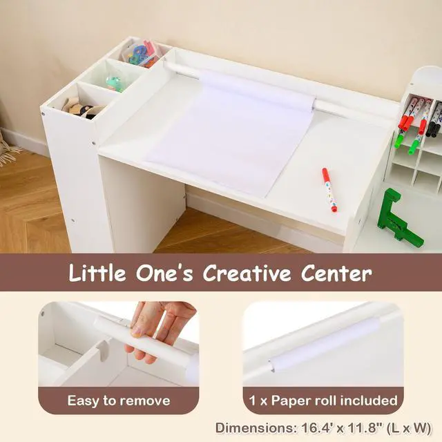Alt view image 3 of 6 - Kids Desk and Chair Set, Art Activity Desk Set with Detachable Paper Roll Holder, Cubby Cabinet, and Multiple Storage Space, 2-in-1 Toddler Table and Chair for Painting, Studying (White)
